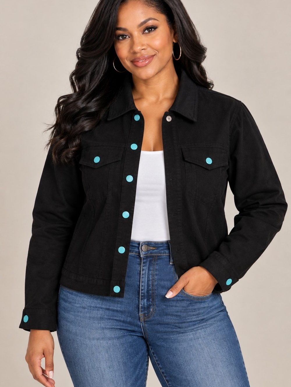 MNML Black Denim Jacket with Turquoise Accent Buttons - NWT